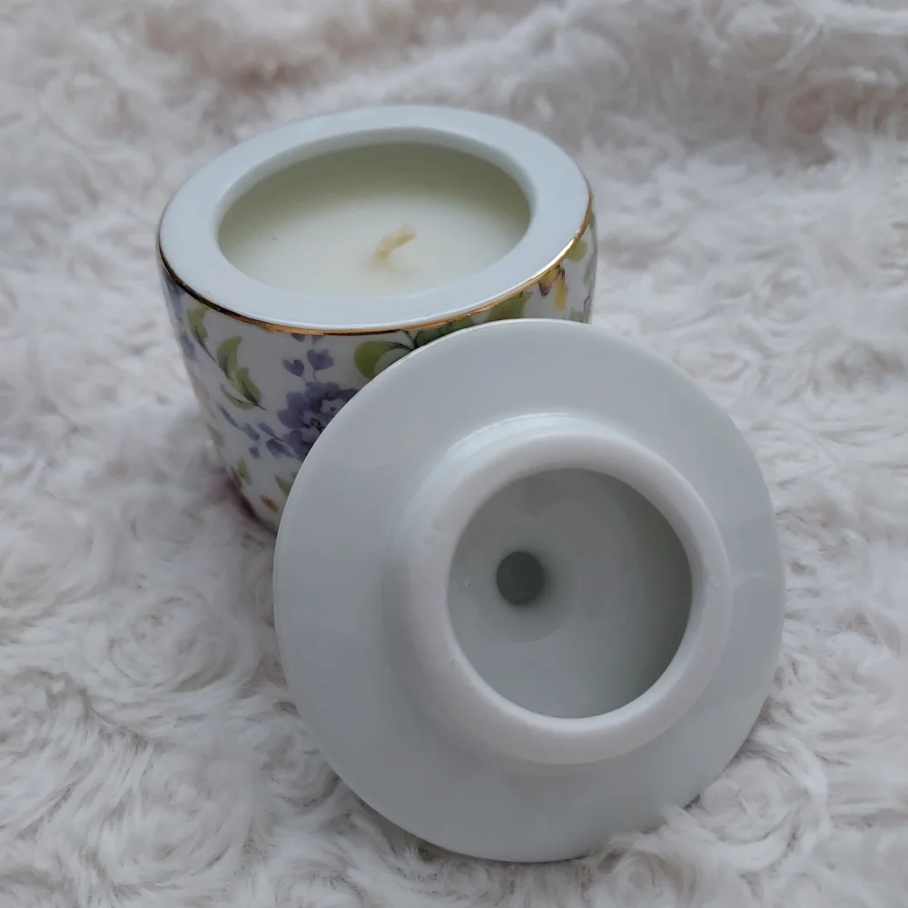 Lovely Floral jar small votive candle trinket box gold tipped lid Cottagecore